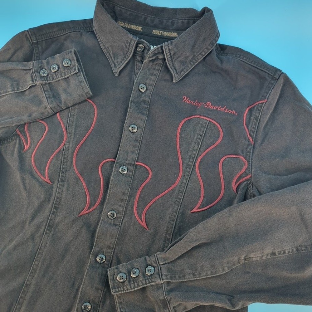 Harley-Davidson Black Button-Down Shirt with Red Flame Stitching